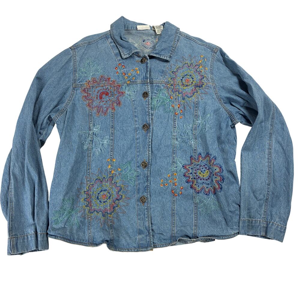 Vintage White Stag Jean Jacket Womens XL 16-18 Blue Floral Embroidered 90s Denim